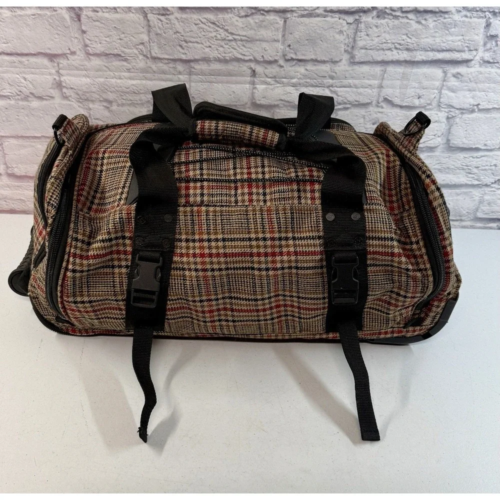 Vintage Samsonite Rolling Duffel Bag Carry On Woven Plaid Herringbone Wheels 24